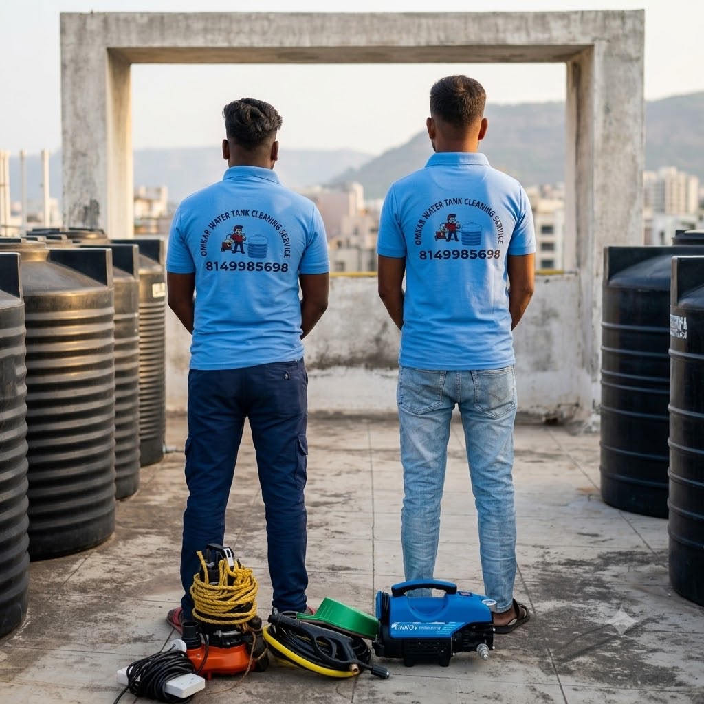 Omkar water tank cleaning team and equipment at a work location